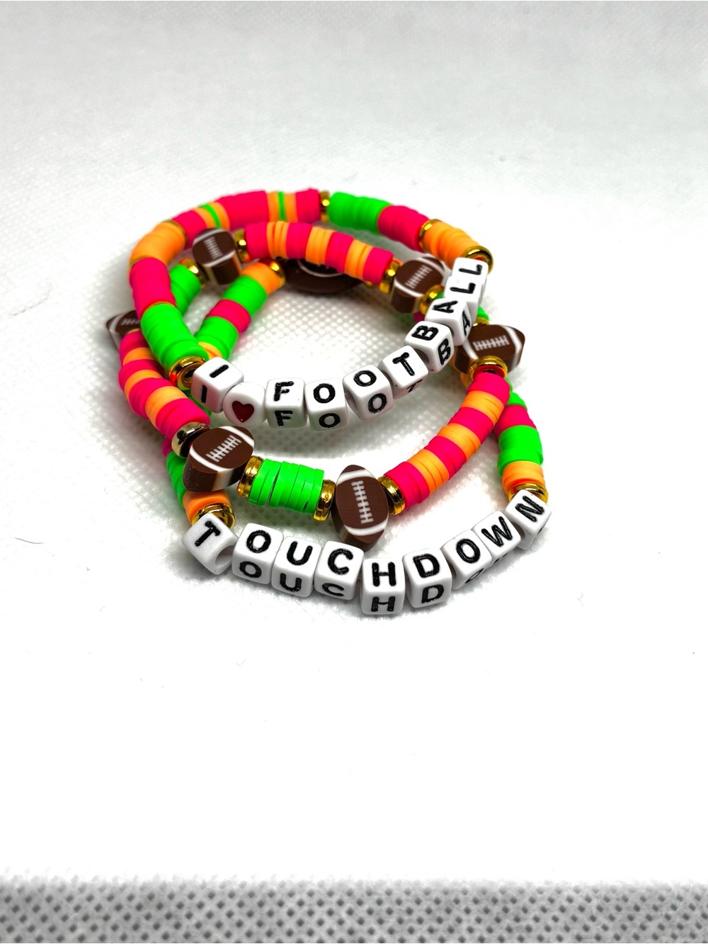 Neon Football Beaded Bracelet Set - Pink, Green & Orange